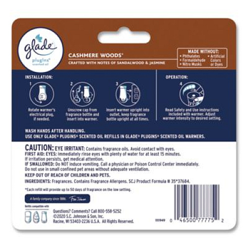 Glade Plugin Scented Oil Refill, Cashmere Woods, 0.67 oz, 5/Pack (366544)