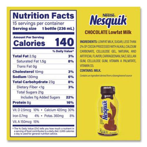 Nestl Nesquik Chocolate Lowfat Milk, 8 oz Bottle,  15/Carton (22002681)