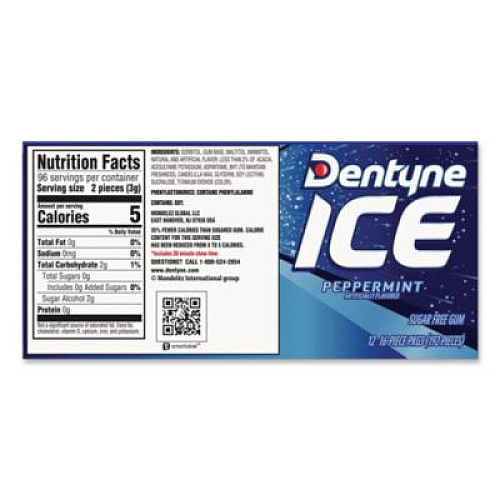 Dentyne Ice Sugarless Gum, Peppermint Flavor, 16 Pieces/Pack, 12 Packs/Carton (22002647)