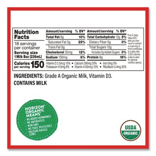 Horizon Organic Shelf-Stable Whole Milk Boxes, 8 oz Box, 18/Carton (22002680)