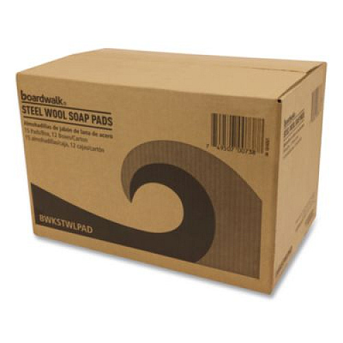 Boardwalk Steel Wool Soap Pads, 3 x 2.5, Blue, 15 Pads/Box, 12 Boxes/Carton (STWLPAD)