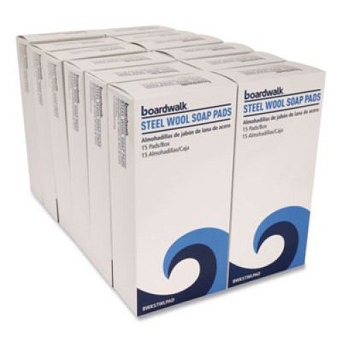 Boardwalk Steel Wool Soap Pads, 3 x 2.5, Blue, 15 Pads/Box, 12 Boxes/Carton (STWLPAD)