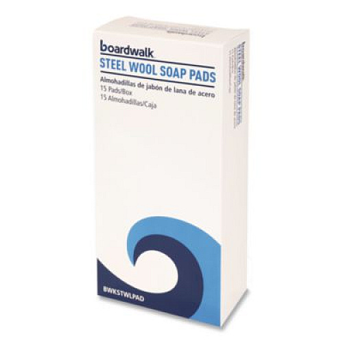 Boardwalk Steel Wool Soap Pads, 3 x 2.5, Blue, 15 Pads/Box, 12 Boxes/Carton (STWLPAD)
