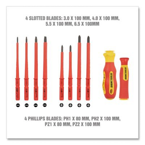 OEMTOOLS Insulated 10-Piece Interchangeable Bit Screwdriver Set, Metric Phillips and Slotted Blade Bits, Orange/Yellow Handle (22593)