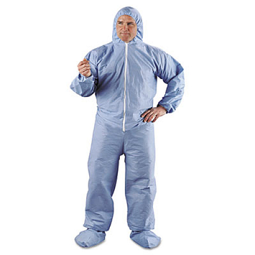 KleenGuard A65 Zipper Front Hood and Boot Flame-Resistant Coveralls, Elastic Wrist and Ankles, Blue, 3X-Large, 21/Carton (45356)