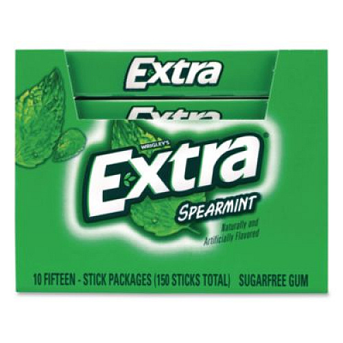 Wrigley's Extra Spearmint Sugar-Free Gum, Spearmint, 15 Sticks/Pack, 10 Packs/Carton (22002638)