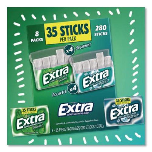 Wrigley's Extra Polar Ice and Spearmint Sugar-Free Gum Variety Pack, Polar Ice/Spearmint, 35 Sticks/Pack, 8 Packs/Carton (22002644)