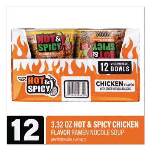 Nissin Hot and Spicy Chicken Soup Bowl, Chicken, 3.32 oz Bowl, 12/Carton (22002656)