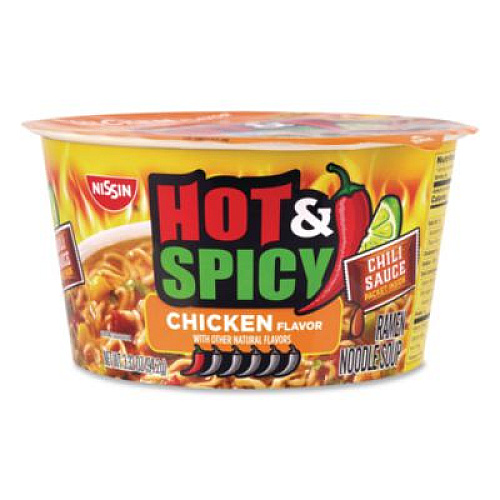 Nissin Hot and Spicy Chicken Soup Bowl, Chicken, 3.32 oz Bowl, 12/Carton (22002656)