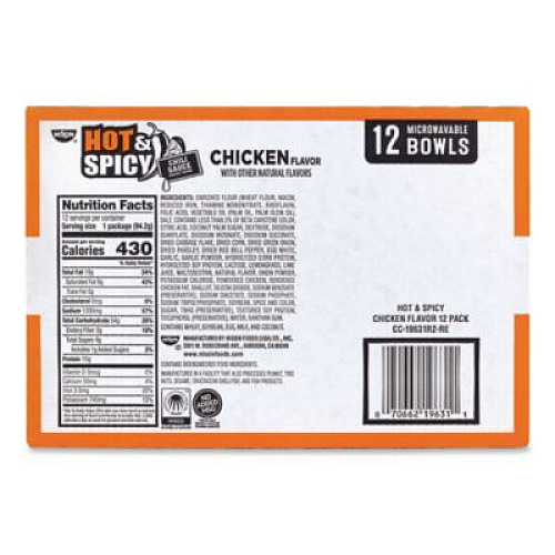 Nissin Hot and Spicy Chicken Soup Bowl, Chicken, 3.32 oz Bowl, 12/Carton (22002656)