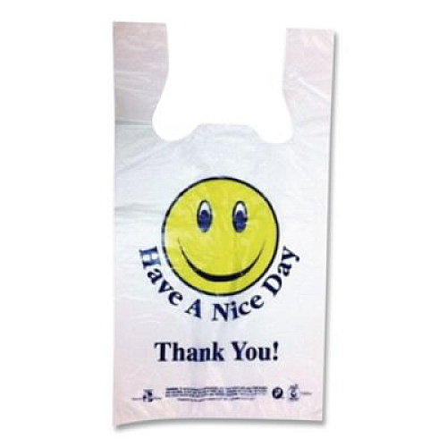 Barnes Paper Company Smiley Face Shopping Bags, Thank You - Have a Nice Day Labeling, Cut-Out Handles, 11.5" x 6.5" x 21", White/Red, 900/Carton (T16SMILEY)