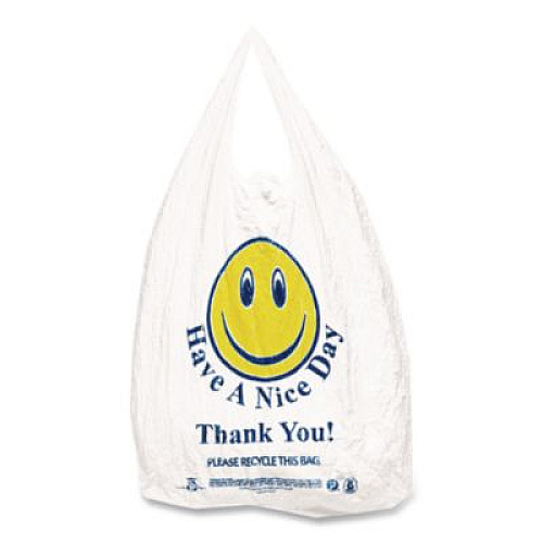 Barnes Paper Company Smiley Face Shopping Bags, Thank You - Have a Nice Day Labeling, Cut-Out Handles, 11.5" x 6.5" x 21", White/Red, 900/Carton (T16SMILEY)