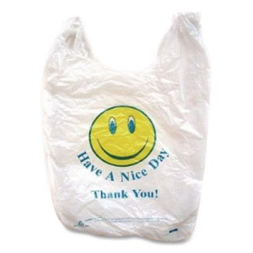 Barnes Paper Company Smiley Face Shopping Bags, Thank You - Have a Nice Day Labeling, Cut-Out Handles, 11.5" x 6.5" x 21", White/Red, 900/Carton (T16SMILEY)