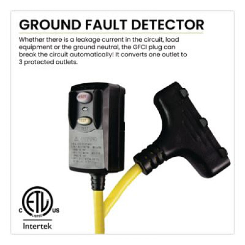 GoGreen Power Portable Tri-Tap with GFCI, 3 Outlets, 2 ft Cord, Yellow (GG12402)