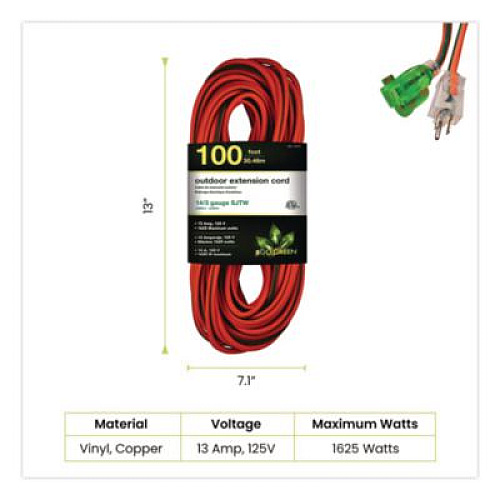 GoGreen Power 14 AWG Lighted End Heavy-Duty Extension Cord, 100 ft, 13 A, Orange/Black (GG13800)