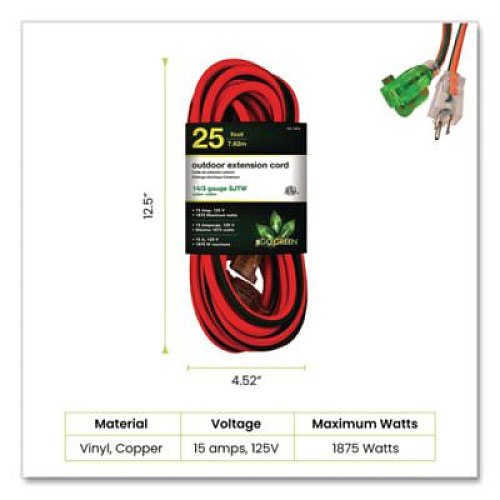 GoGreen Power 14 AWG Lighted End Heavy-Duty Extension Cord, 25 ft, 15 A, Orange/Black (GG13825)