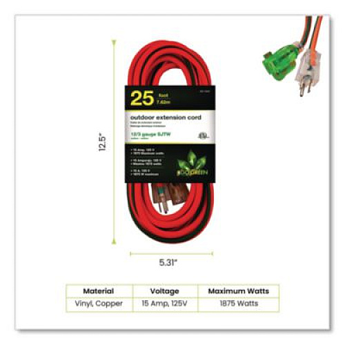 GoGreen Power 12 AWG Lighted End Heavy-Duty Extension Cord, 25 ft, 15 A, Orange/Black (GG14025)