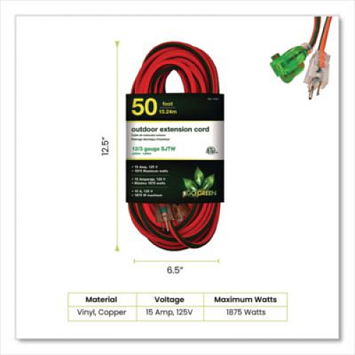 GoGreen Power 12 AWG Lighted End Heavy-Duty Extension Cord, 50 ft, 15 A, Orange/Black (GG14050)
