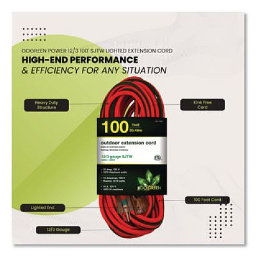 GoGreen Power 12 AWG Lighted End Heavy-Duty Extension Cord, 100 ft, 15 A, Orange/Black (GG14000)