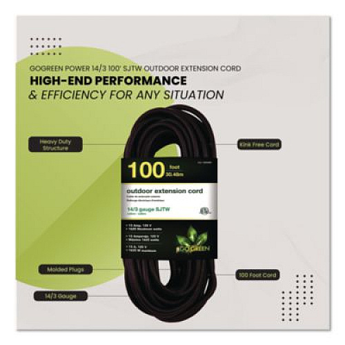 GoGreen Power 14 AWG Heavy-Duty Extension Cord, 100 ft, 13 A, Black (GG13800BK)
