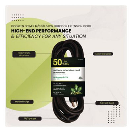 GoGreen Power 14 AWG Lighted End Heavy-Duty Extension Cord, 50 ft, 15 A, Black (GG13850BK)