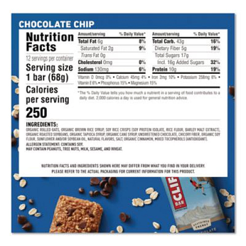CLIF Bar Energy Bar, Chocolate Chip, 2.4 oz, 12/Box (160004)