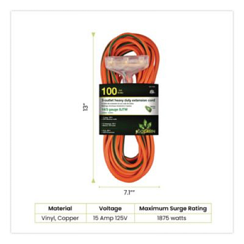 GoGreen Power 14 AWG 3-Outlet Heavy-Duty Extension Cord, 100 ft, 13 A, Orange (GG15100)