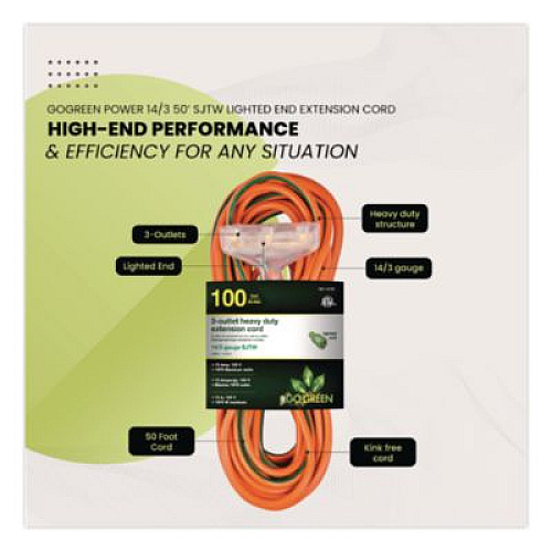 GoGreen Power 14 AWG 3-Outlet Heavy-Duty Extension Cord, 100 ft, 13 A, Orange (GG15100)