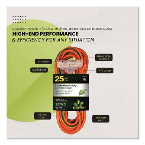 GoGreen Power 14 AWG 3-Outlet Heavy Duty Extension Cord, 25 ft, 15 A, Orange (GG15125)