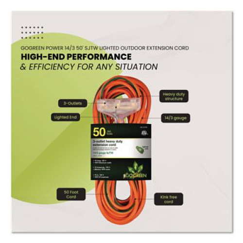 GoGreen Power 14 AWG 3-Outlet Heavy-Duty Extension Cord, 50 ft, 15 A, Orange (GG15150)