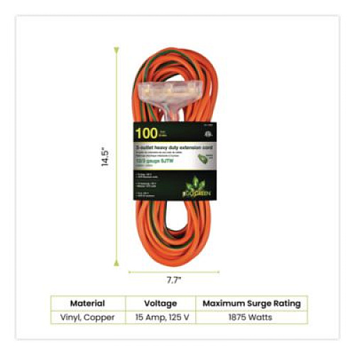 GoGreen Power 12 AWG 3-Outlet Heavy-Duty Extension Cord, 100 ft, 15 A, Orange (GG15200)