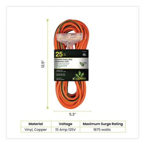 GoGreen Power 12 AWG 3-Outlet Heavy-Duty Extension Cord, 25 ft, 15 A, Orange (GG15225)