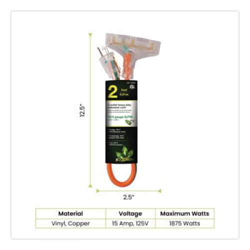GoGreen Power 12 AWG 3-Outlet Heavy-Duty Extension Cord, 2 ft, 15 A, Orange (GG15302)