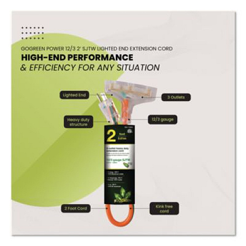 GoGreen Power 12 AWG 3-Outlet Heavy-Duty Extension Cord, 2 ft, 15 A, Orange (GG15302)