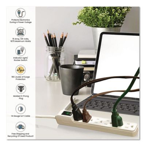 GoGreen Power 6 Outlet Mini Surge Protector, 2 ft Cord, 160 J, White (GG16103MIN)