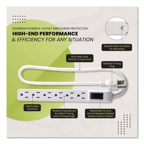 GoGreen Power 6 Outlet Mini Surge Protector, 2 ft Cord, 160 J, White (GG16103MIN)