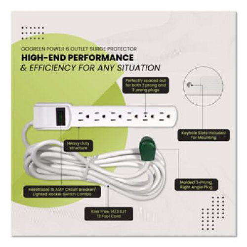 GoGreen Power 6 Outlet Surge Protector, 12 ft Cord, 250 J, White (GG16103M12)