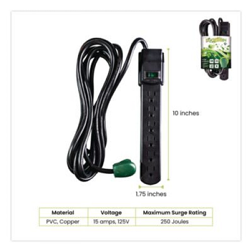 GoGreen Power 6 Outlet Surge Protector, 12 ft Cord, 250 J, Black (GG16103M12BK)