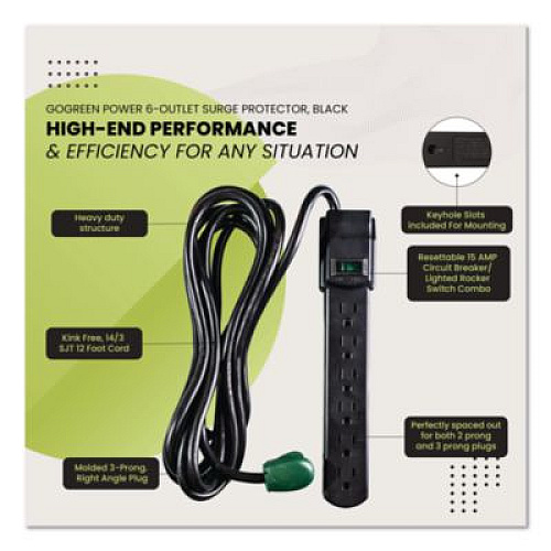 GoGreen Power 6 Outlet Surge Protector, 12 ft Cord, 250 J, Black (GG16103M12BK)