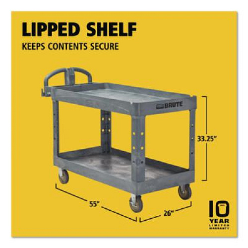 Rubbermaid Commercial BRUTE Heavy-Duty Ergo Handle Utility Cart, Plastic, 2 Shelves, 750 lb Capacity, 26" x 55" x 33.25", Gray (2192463)