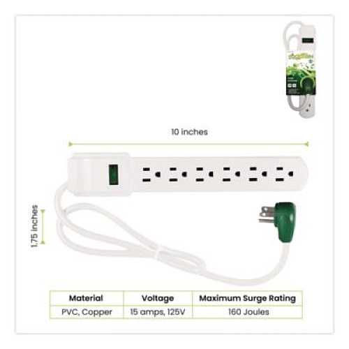 GoGreen Power 6 Outlet Surge Protector, 2.5 ft Cord, 160 J, White (GG16103MS)