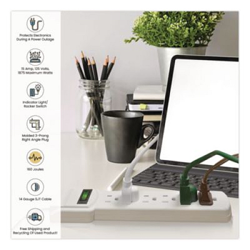 GoGreen Power 6 Outlet Surge Protector, 2.5 ft Cord, 160 J, White (GG16103MS)