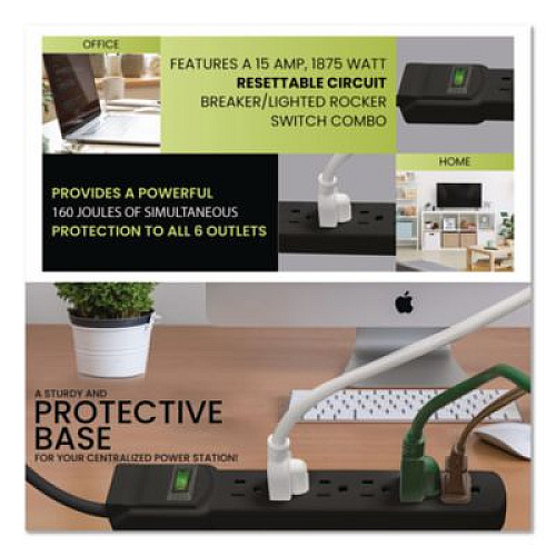 GoGreen Power 6 Outlet Surge Protector, 2.5 ft Cord, 160 J, Black (GG16103MSBK)