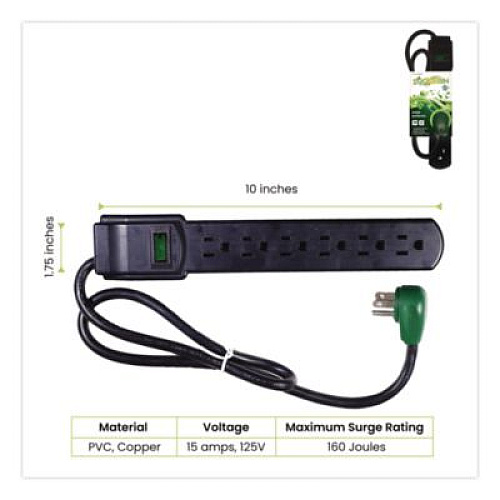 GoGreen Power 6 Outlet Surge Protector, 2.5 ft Cord, 160 J, Black (GG16103MSBK)