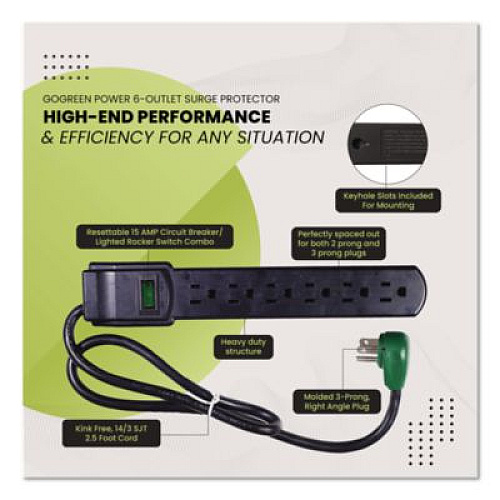 GoGreen Power 6 Outlet Surge Protector, 2.5 ft Cord, 160 J, Black (GG16103MSBK)