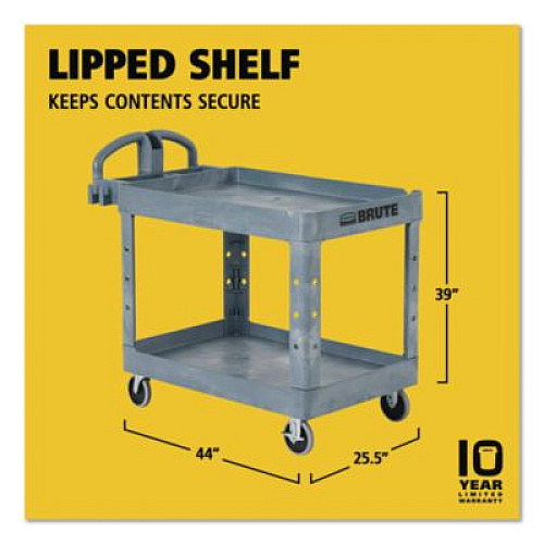 Rubbermaid Commercial BRUTE Heavy-Duty Ergo Handle Utility Cart, Plastic, Two Shelves, 500 lb Capacity, 25.5" x 44" x 39", Gray (2192464)