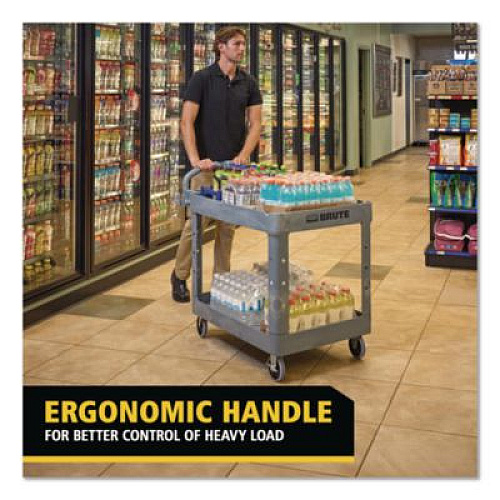 Rubbermaid Commercial BRUTE Heavy-Duty Ergo Handle Utility Cart, Plastic, Two Shelves, 500 lb Capacity, 25.5" x 44" x 39", Gray (2192464)