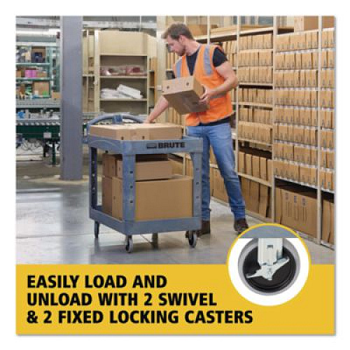 Rubbermaid Commercial BRUTE Heavy-Duty Ergo Handle Utility Cart, Plastic, Two Shelves, 500 lb Capacity, 25.5" x 44" x 39", Gray (2192464)