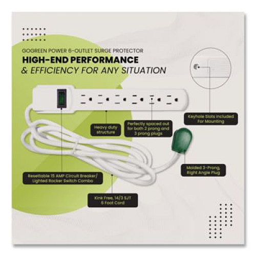 GoGreen Power 6 Outlet Surge Protector, 6 ft Cord, 250 J, White (GG16106MS)