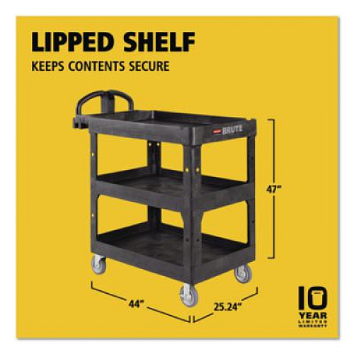 Rubbermaid Commercial BRUTE 3-Shelf Heavy-Duty Ergo Lipped Utility Cart, Resin, 3 Shelves, 600 lb Capacity, 25.24" x 44" x 47", Black (2196862)